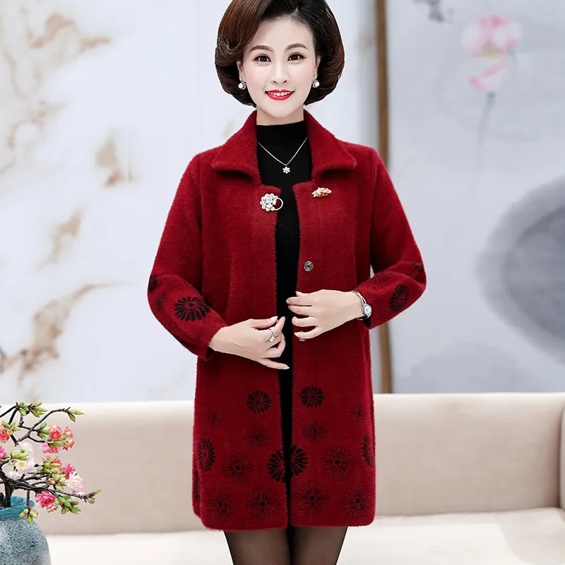 Autumn Winter Middle-aged Women Cashmere Sweater Jacket Large Size Women Imitation Water Velvet Coat 5XL High Quality W1419