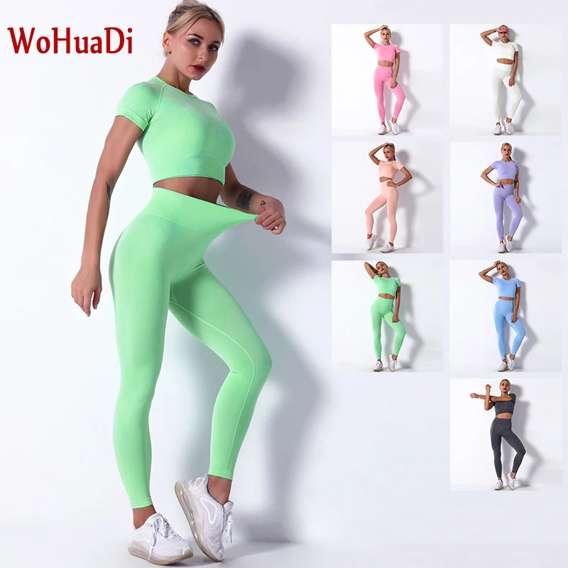 

WOHUADI Women's Clothing Sportswear Sport Gym Fitness Workout Female Yoga Set Crop Top Shirt+Leggings Push Up Tight Size Small