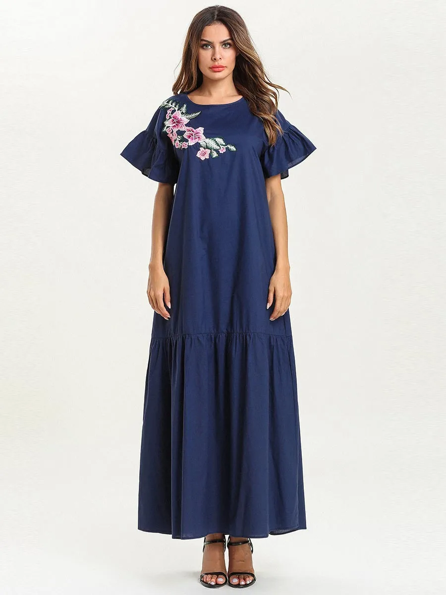 Мусульманское платье на шнуровке женское элегантное с цветочной вышивкой и