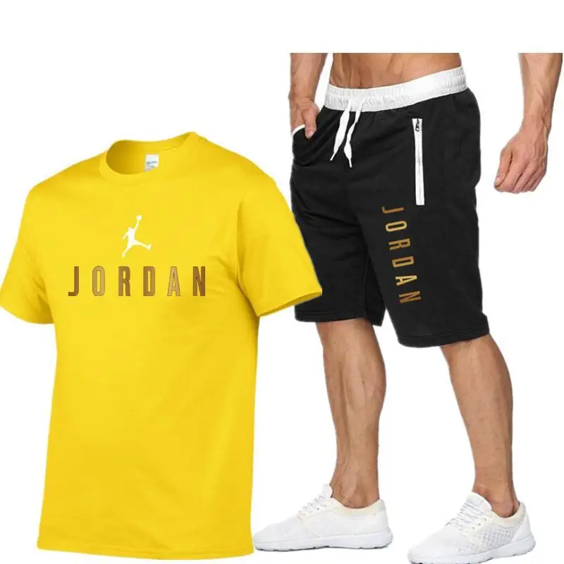 

2021Summer Men's T-shirt Set 2-piece Men's Sportswear Suit Basketball Sports Fitness Jordan-23 Printed Short Sleeve + Men's Suit