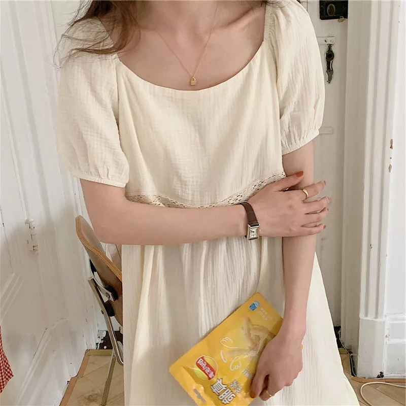 2021 Summer New Korean Pure Cotton Long Skirt Bubble Sleeve Lace Nightgown Home Clothes Women's Nightdress Female Sleepwear