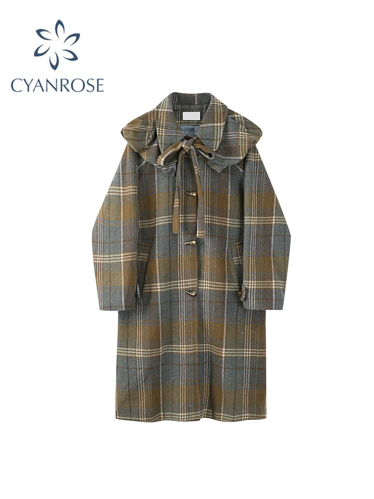 

Women Vintage Plaid Jacket Casual French Style Peter Pan Collar Horn Button Female Oversized Thick Warm Woolen Blends Overcoat