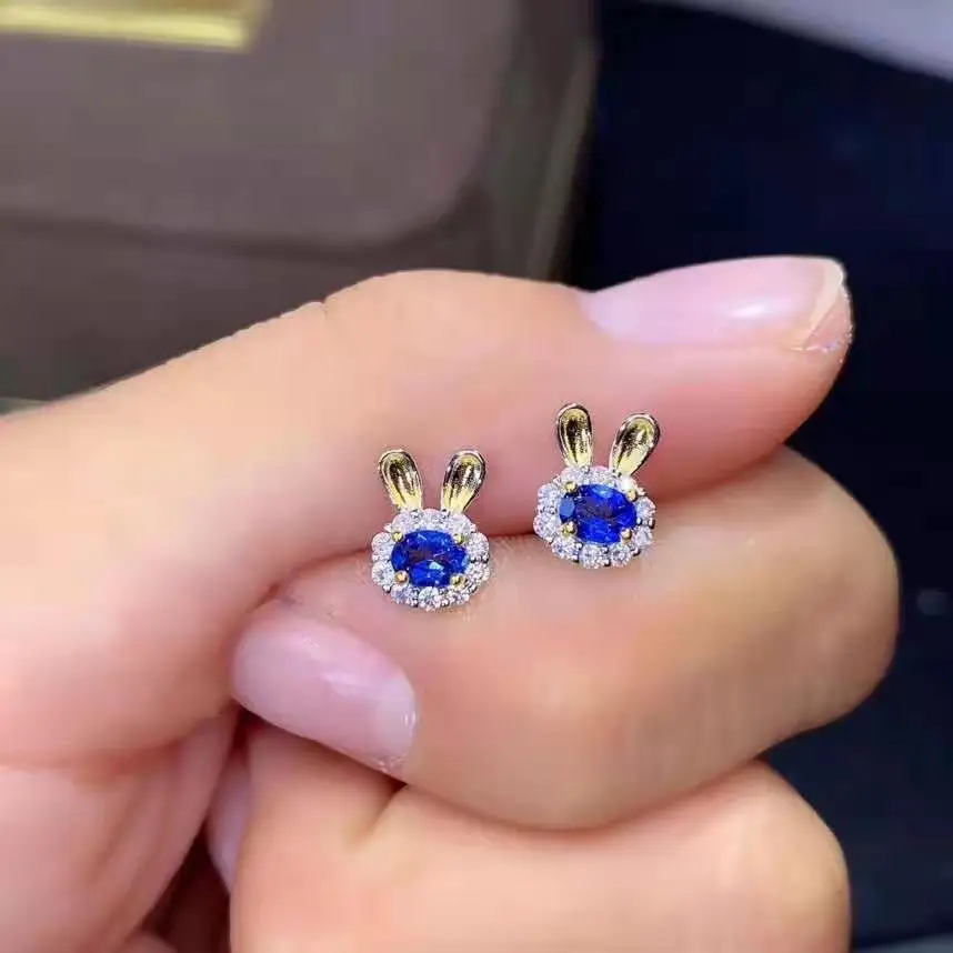 

Natural Sapphire Rabbit Style Ear Studs S925 Pure Silver Fine Fashion Charming Jewelry For Women Free Shipping MeibaPJFS