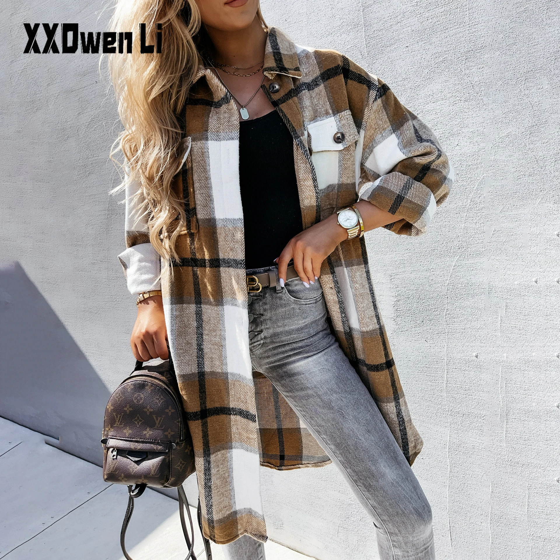

Autumn Casual Plaid Print Pockets Shirt 2021 Women Coats Buttons Woman Streetwear Ladies Middle Length Loose Long Shirt Coats