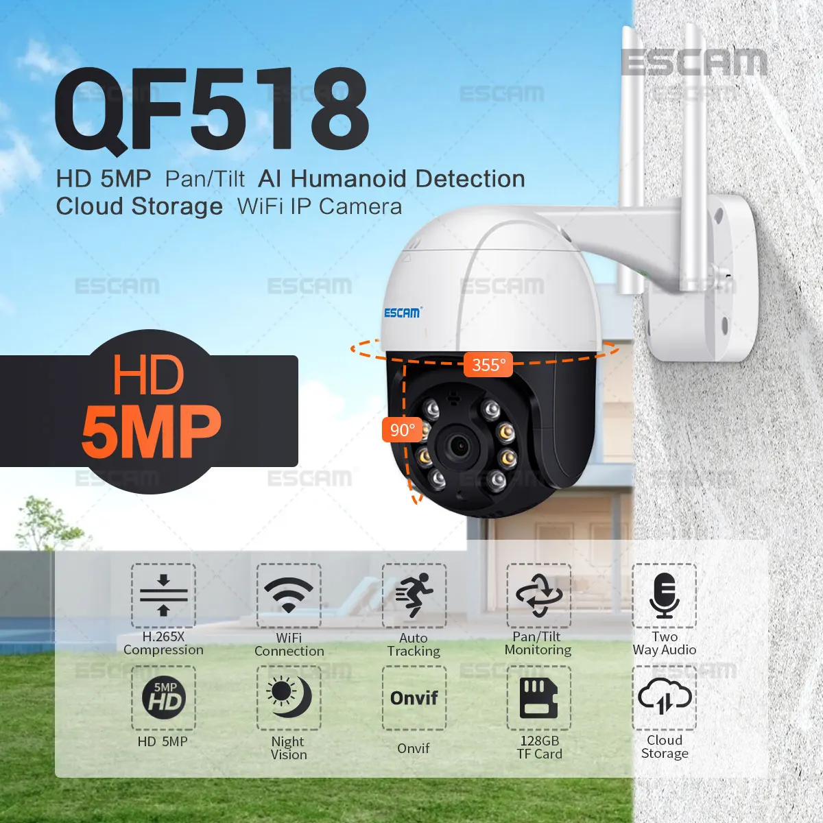 

ESCAM QF518 5MP Pan/Tilt AI Humanoid Detection Auto Tracking Cloud Storage WiFi IP Camera with Two Way Audio Night Vision