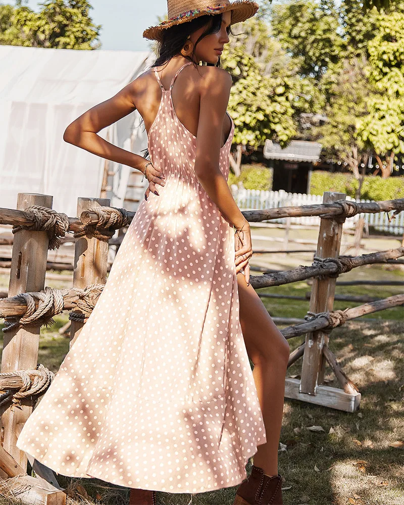 

O-Neck Sleeveless Tie High Waist Polka Dot Asymmetrical Ruffle Hem Long Dresses 2021 Summer Women Sexy Beach Dress