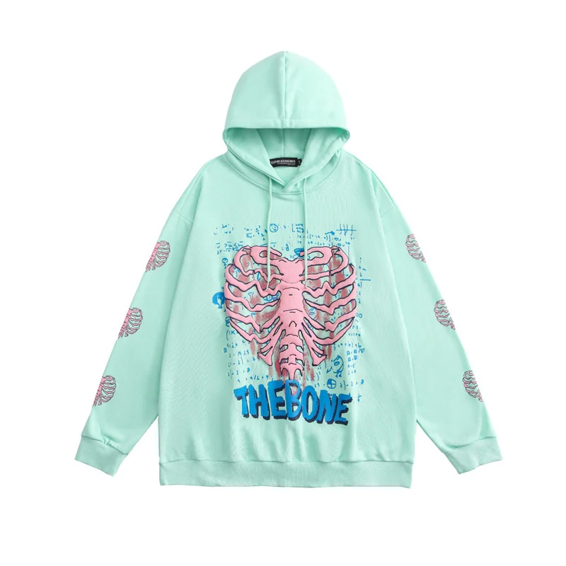 

Wofemale Hoodie Sweatshirt Women Bone Heart Print Japanese Harajuku Streetwear Pullover Cotton Autumn Oversized Hip Hop Hoodies