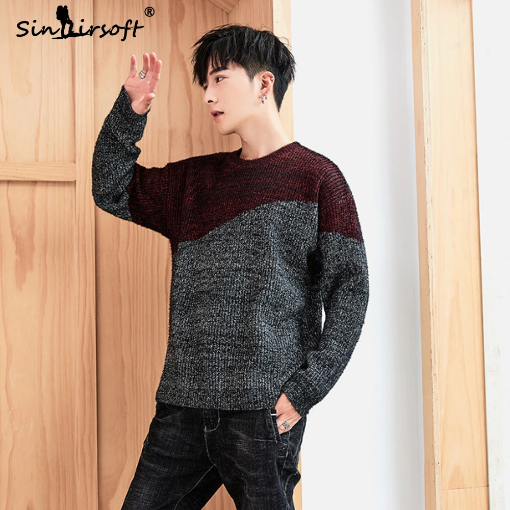 Пуловер с круглым вырезом в консервативном стиле мужской вязаный свитер пэчворк