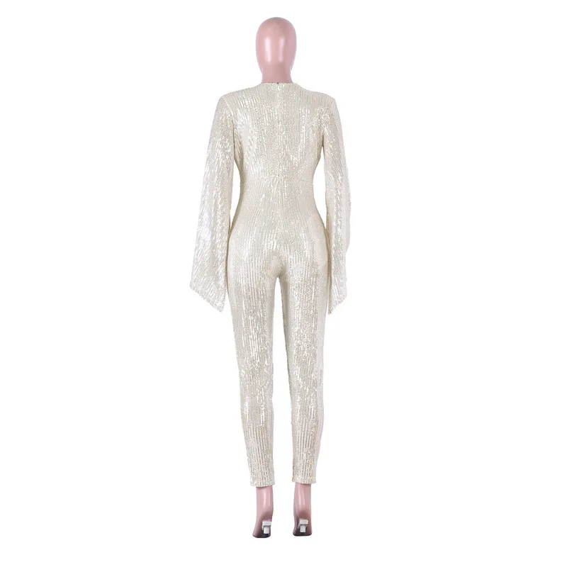 

Deep V-Neck Sequins Sexy Rompers Womens Jumpsuit Long Flare Sleeve Party Bandage Jumpsuits 2021 Fall Winter Bodycon Playsuit