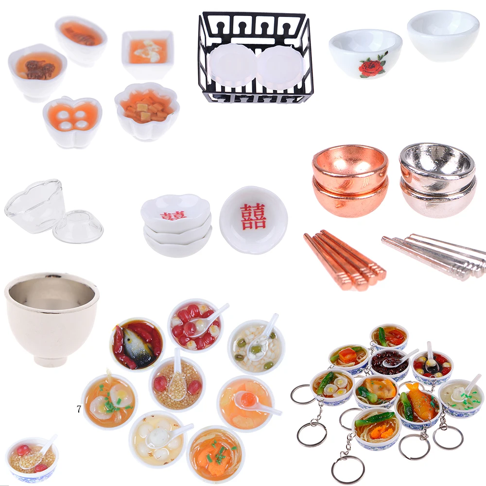 

Chinese Cuisine Dessert Noodles Tofu Fish Bowls Chopsticks Dish Rack Dollhuse Miniature Baby DIY Kitchen Doll Houses Toys