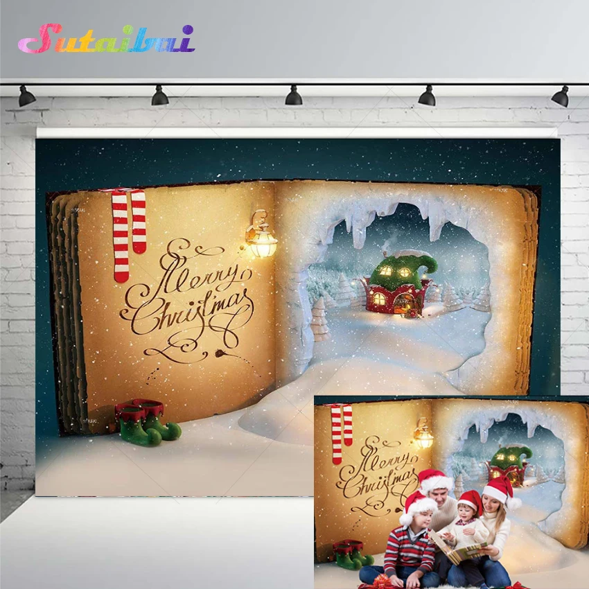 

Merry Christmas Book Backdrop Night Winter Snow Wonderland Fairy Tale Candy House New Year Baby Portrait Photoshoot Background