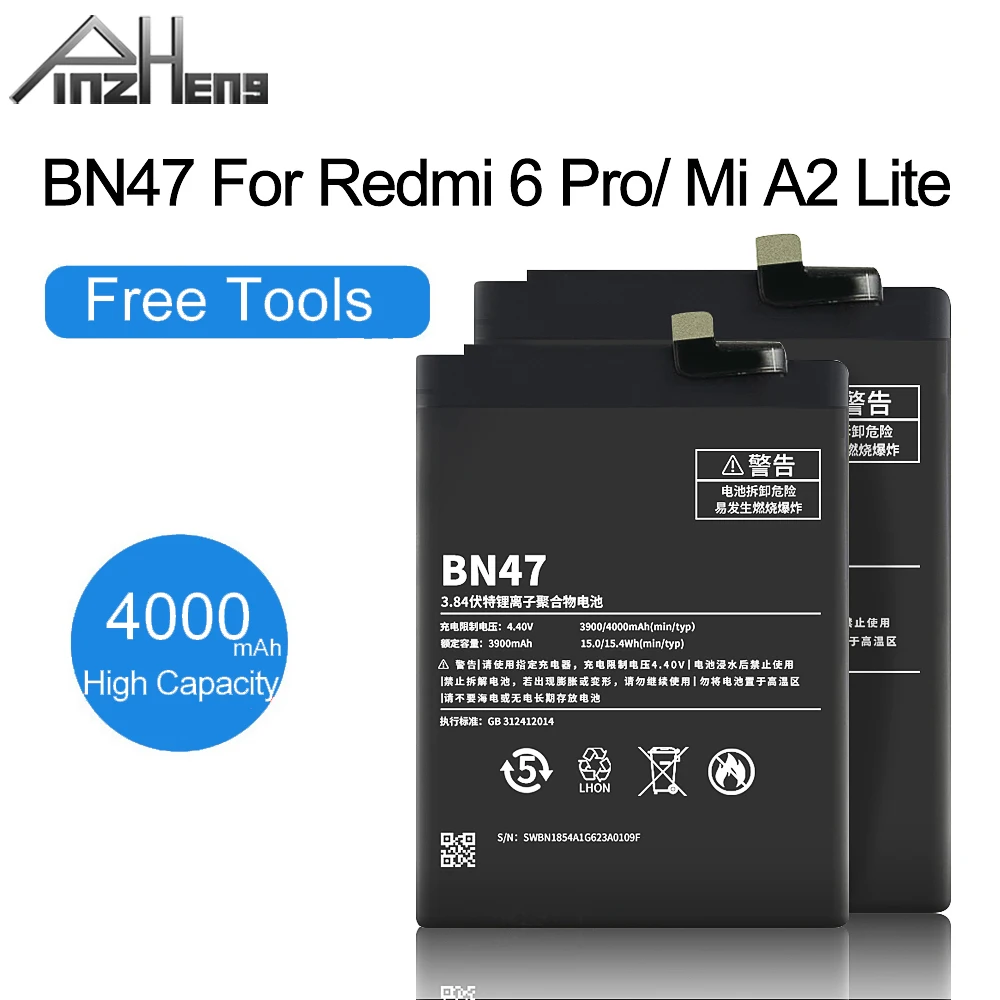 

PINZHENG 4000mAh BN47 Mobile Phone Battery For Xiaomi Redmi 6 Pro Mi A2 Lite Bateria Replacement Li-ion Battery With Free Tools
