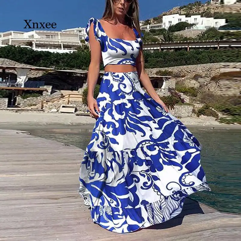 

Summer Dress 2021 For Women Two Piece Set Boho Maxi Woman 3XL Dress High Waist Sexy Beach Dress Elegant Long Vestidos