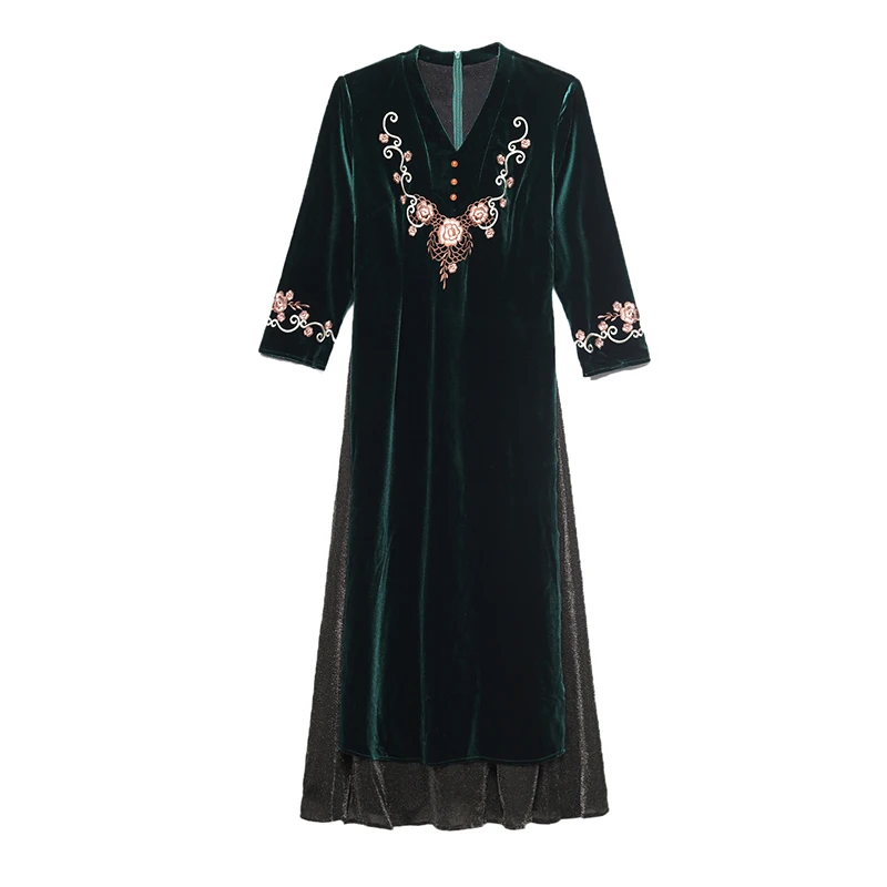 

COIGARSAM 3XL Plus Size National Wind Women dress New Cheongsam Vintage Dresses Dark Green 9197