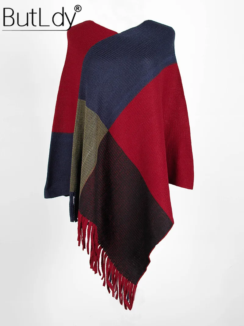 

Lattice Tassel V-neck Cape Sweater Women Stitching Capes Pullovers Long Sleeve 2019 Autumn Winter Knitted Poncho Sweater