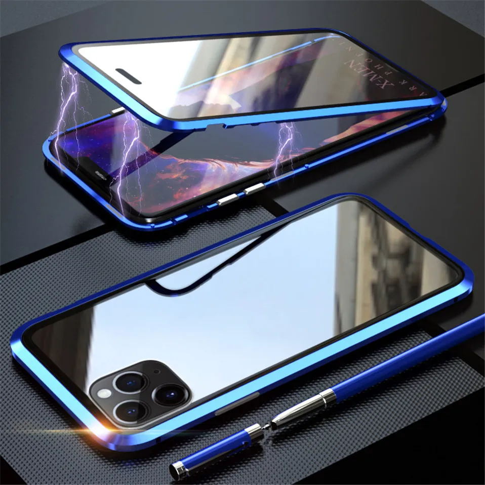 Бронированный Магнитный чехол с металлической рамкой для iPhone 11 Pro Max, двойное закаленное стекло 360, чехол на весь корпус для iPhone 11 Pro Max 11pro Funda