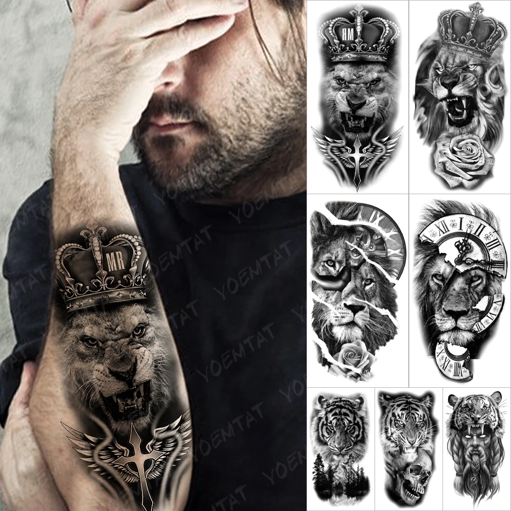 

Crown Lion Cross Temporary Tattoos For Men Women Tiger Demon Rose Forest Fake Tattoos Forearm Thigh Half Sleeve Tatoos Stickers