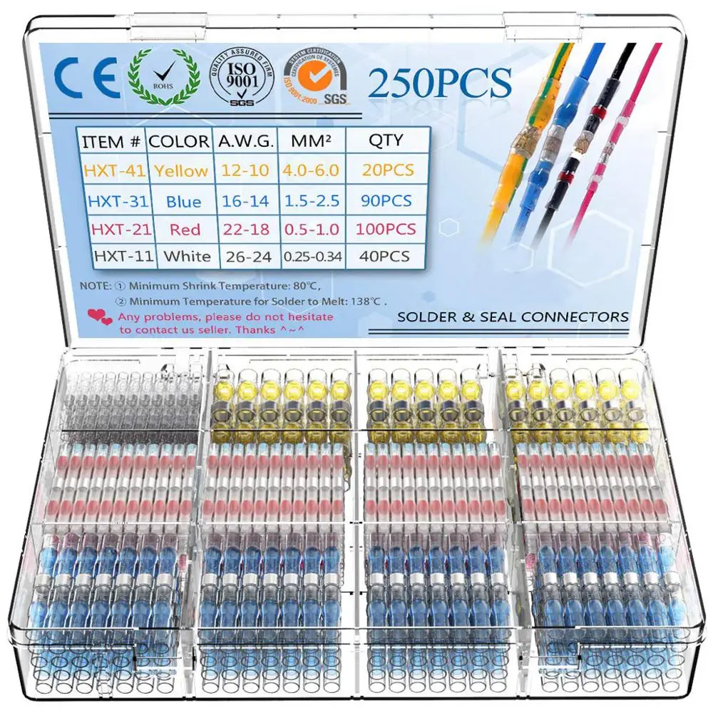 

50/100/250Pcs Heat Shrink Butt Crimp Terminals Waterproof Solder Seal Electrical Butt Connectors Wire Cable Splice Terminal Set