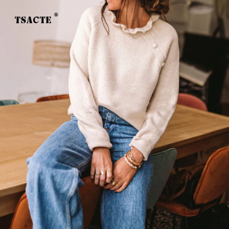 

Осенний Модный пуловер Свободный однотонный вязаный свитер на пуговицах воротник с листьями лотоса теплый топ с длинным рукавом модная зимняя новая женская одежда