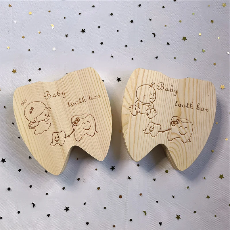 

aby Milk Tooth Storage Box Wooden Teeth Collect for Boys Girls Umbilical Save Case English /Spanish /Portuguese/Russian/Dutch