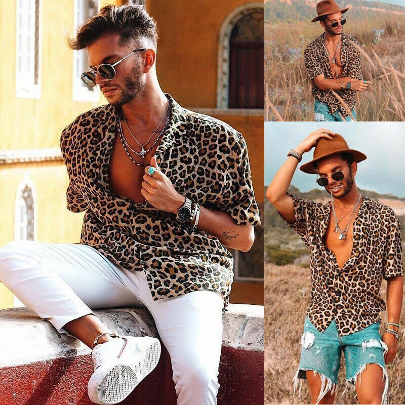 Мужские Винтажные рубашки с леопардовым принтом Летние повседневные свободные