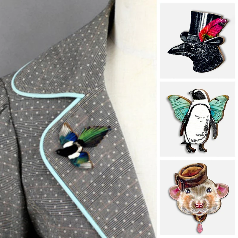 

1PC Wooden Magpie Birds Brooch Pin Animal Vintage Broches For Women Cute Penguin Mouse Magpie Animal Shawl Pins