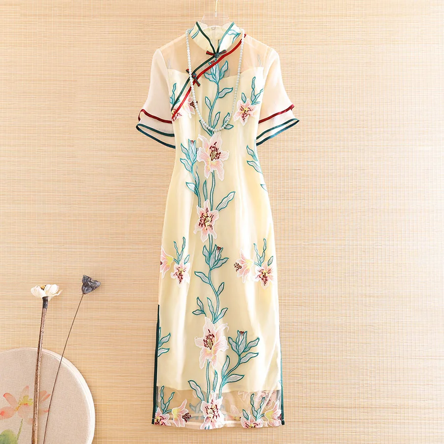 Высококачественное летнее модное женское Сетчатое платье Ципао с вышивкой в