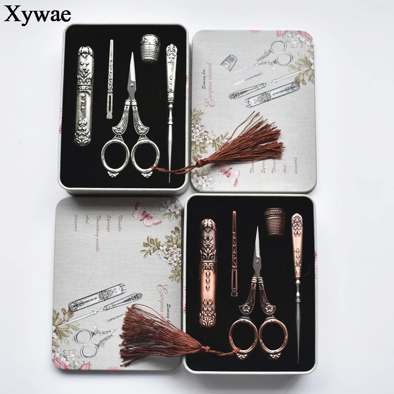 

Metal Box Retro Vintage Scissors Needle Case Awl Threader Thimble Cross Stitch Embroidery Sewing Scissors Sewing Tailor zigzag