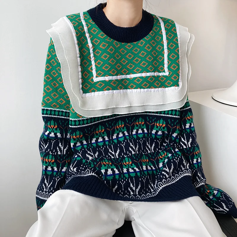 

2020 lazy sweater women in autumn and winter wear pullover frill green knit sweater thick casual sweater