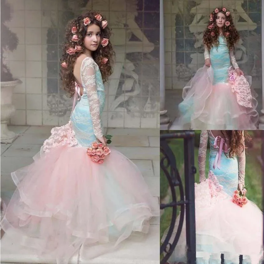 Gorgeous Pink Flower Girls Dresses Lace Long Sleeves Tired Tulle Mermaid Pageant Gowns for Little Girl Children | Свадьбы и