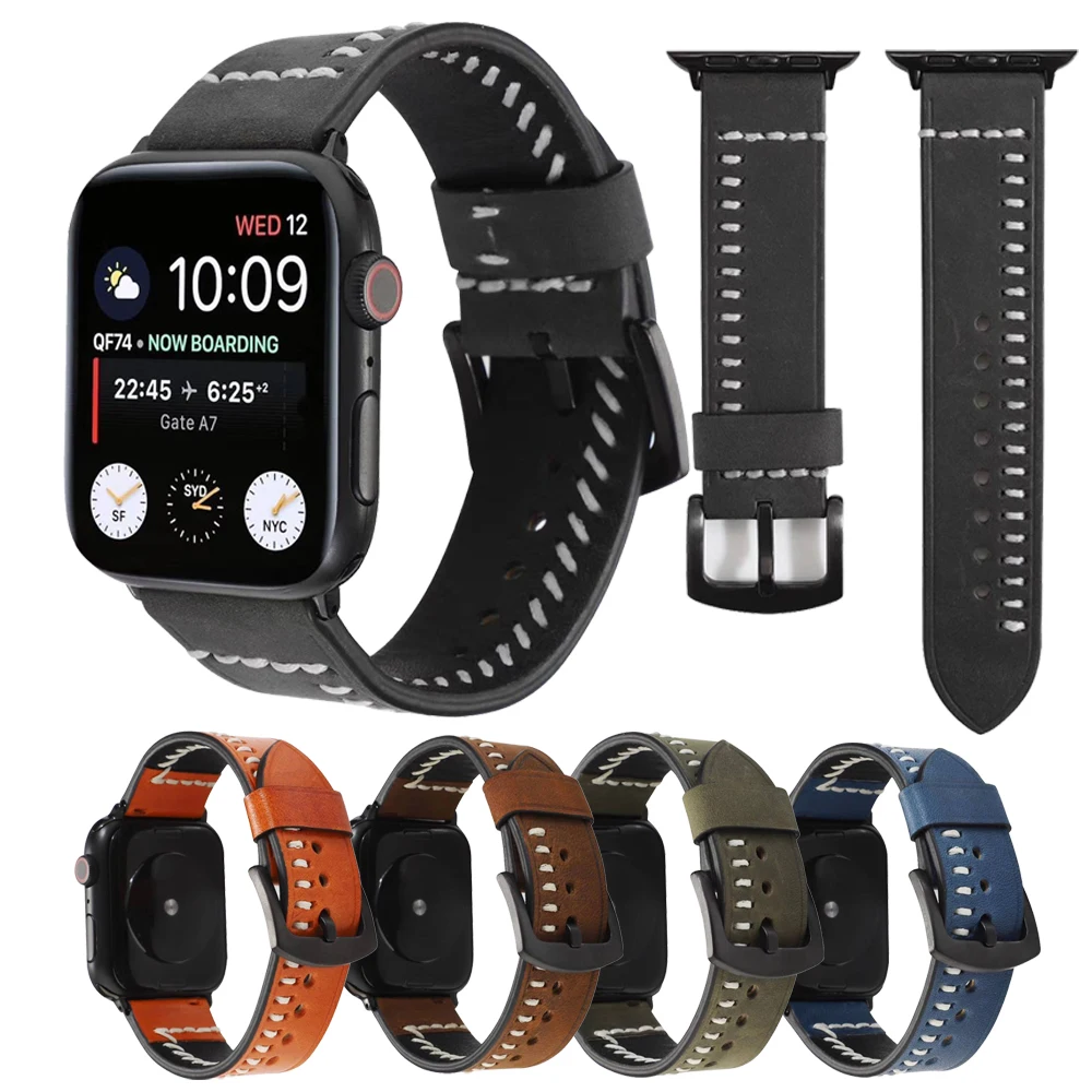 Ремешок из натуральной кожи для Apple watch series 4 5 40 мм 44 ремешок Seven Word Line кожаный Iwatch 3 2