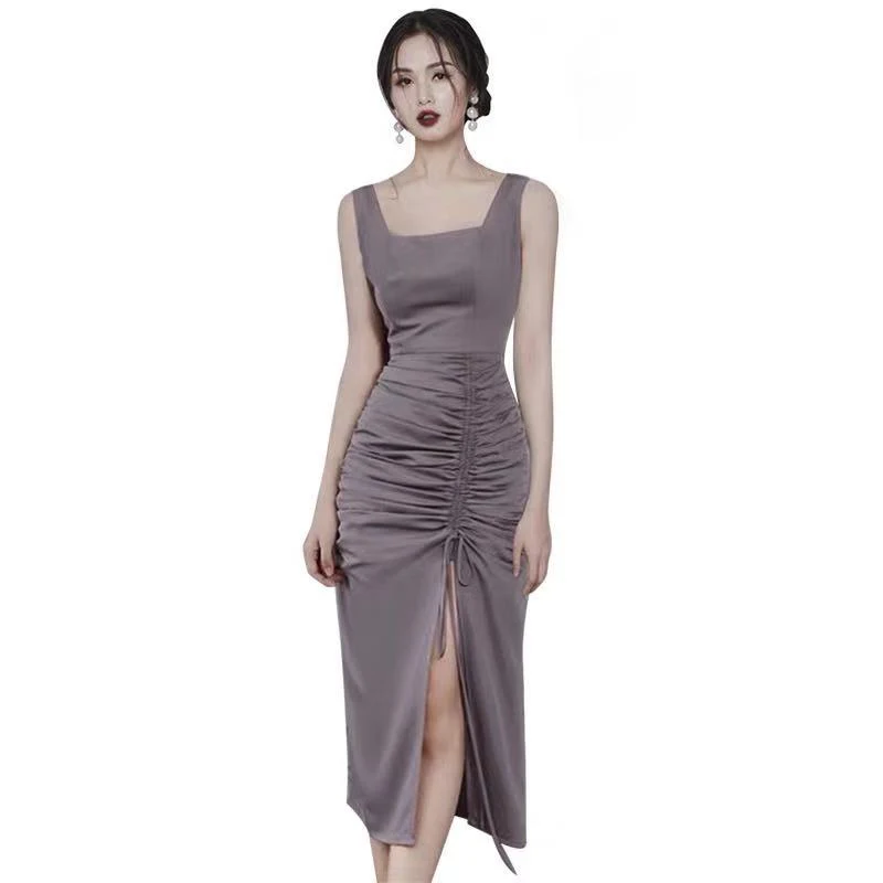 

Retro Women Fashion Sleeveless Drawstring Package Hip Sexy Split Dress 2021 Summer Suspender Bodycon High Waist Dress Vestidos