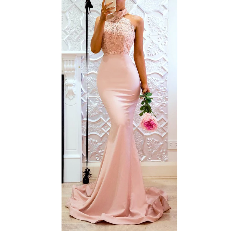 Женское вечернее платье макси с лямкой на шее без рукавов открытой спиной в пол