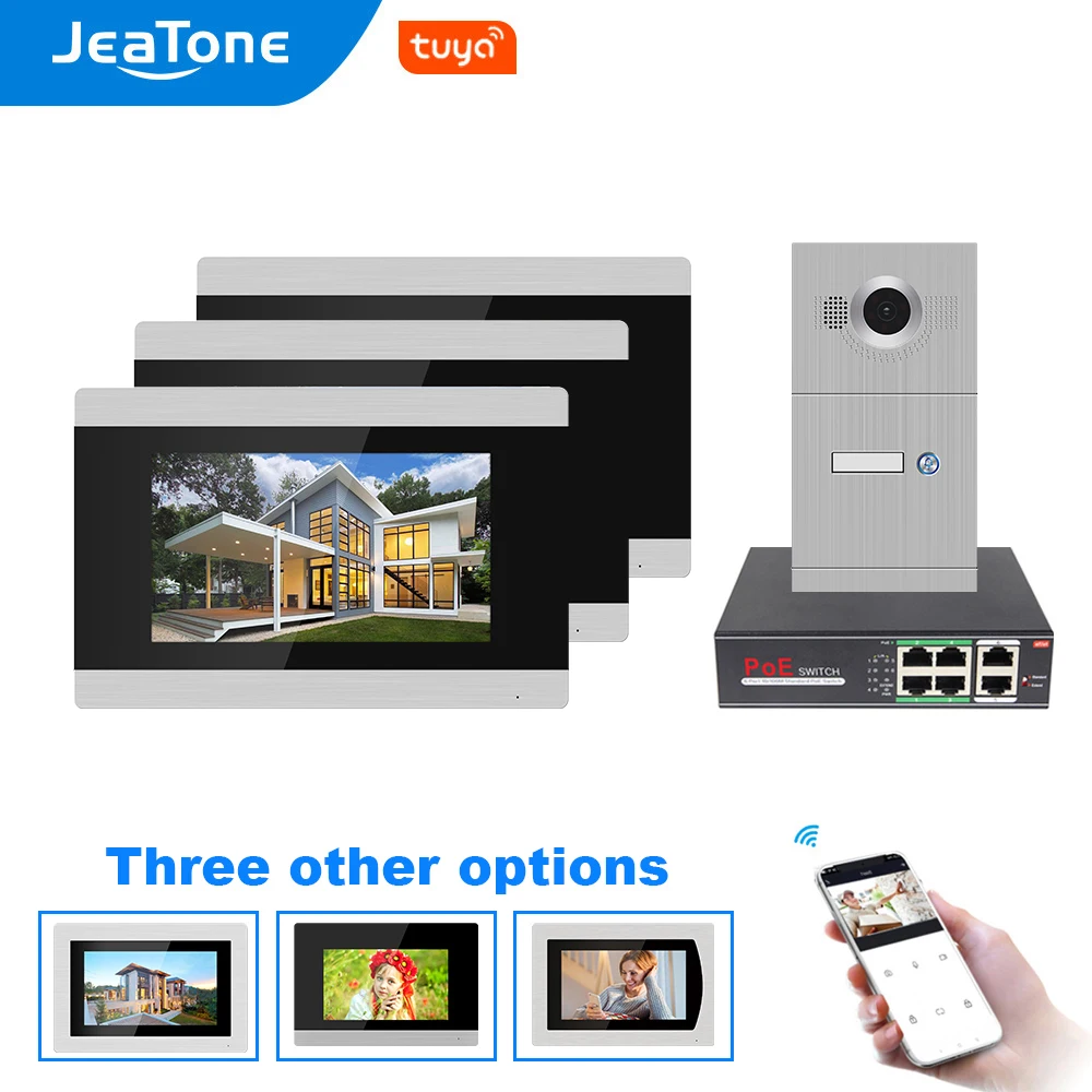 JeaTone 720P WIFI IP Video Door Phone Intercom System 3pcs monitors for 1pcs out doorbell support iOS/Android APP Remote Unlock