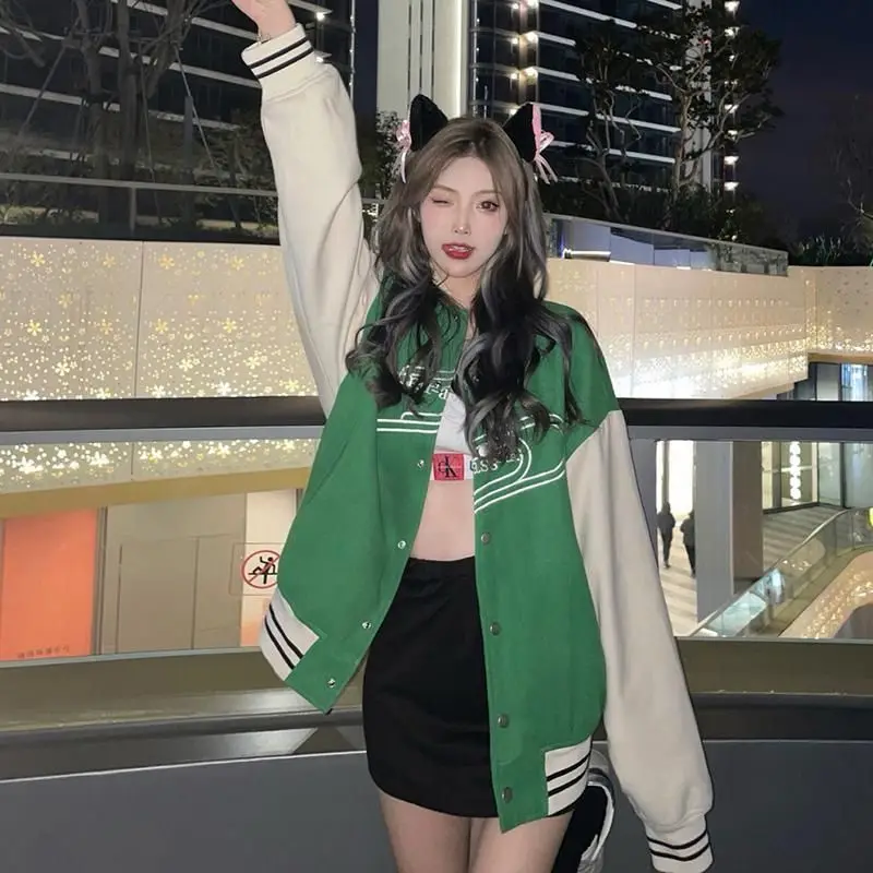 

Stitching vintage Hong Kong style jacket men women autumn 2022 new green baseball uniform loose casual all-match bomber