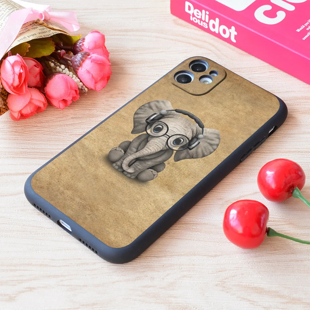 

For iPhone Cute Baby Elephant Dj Wearing Headphones And Glasses Print Soft Matt Apple iPhone Case
