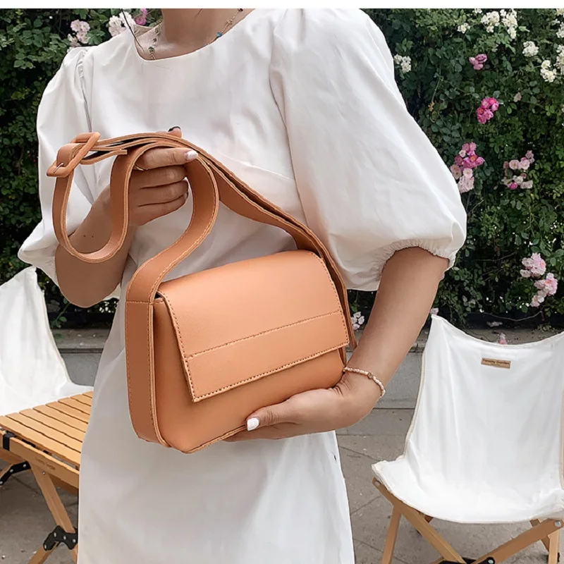 

Shoulder Bag Women Cross Body Leather Small Orange White Brown Adjustable Wide Shoulder Ladies Baguette Bag 2021 Trend Designer