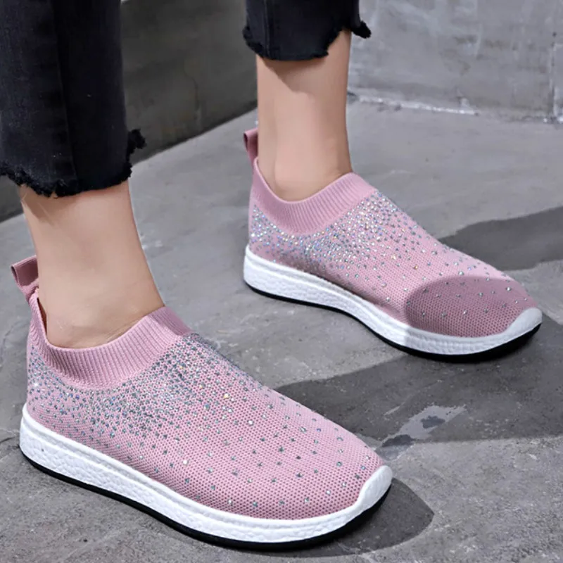 Новинка Модная обувь на плоской подошве со стразами Женские дышащие кроссовки