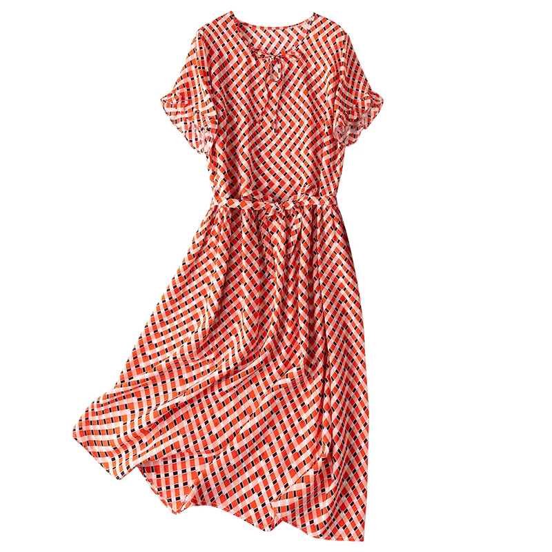 

Women's 100% Silk luxury Fashion Heavy Bow tie Round neck Long Dress Elegant Color grid One Size L1073