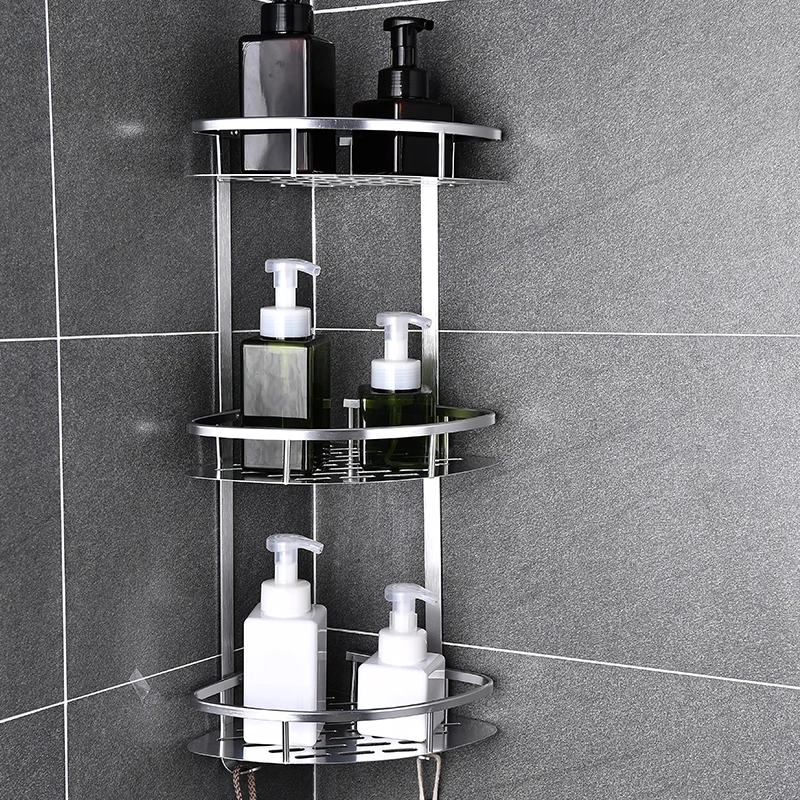 

Space Aluminum Bathroom Shelf No Punching Shower Caddy Sheves Kitchen Storage Basket Adhesive Suction Corner Shelves Shower