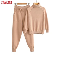 tangada womens set solid turtleneck sweater jumper pants set 2020 autumn winter suit 2 piece set sweater and pants ai50