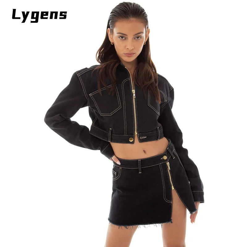 

Blingirl Denim Long Sleeve Patchwork Jacket Zipper Slit Mini Skirt 2021 Autumn Winter Women 2 Piece Set Casual Fashion Outfits