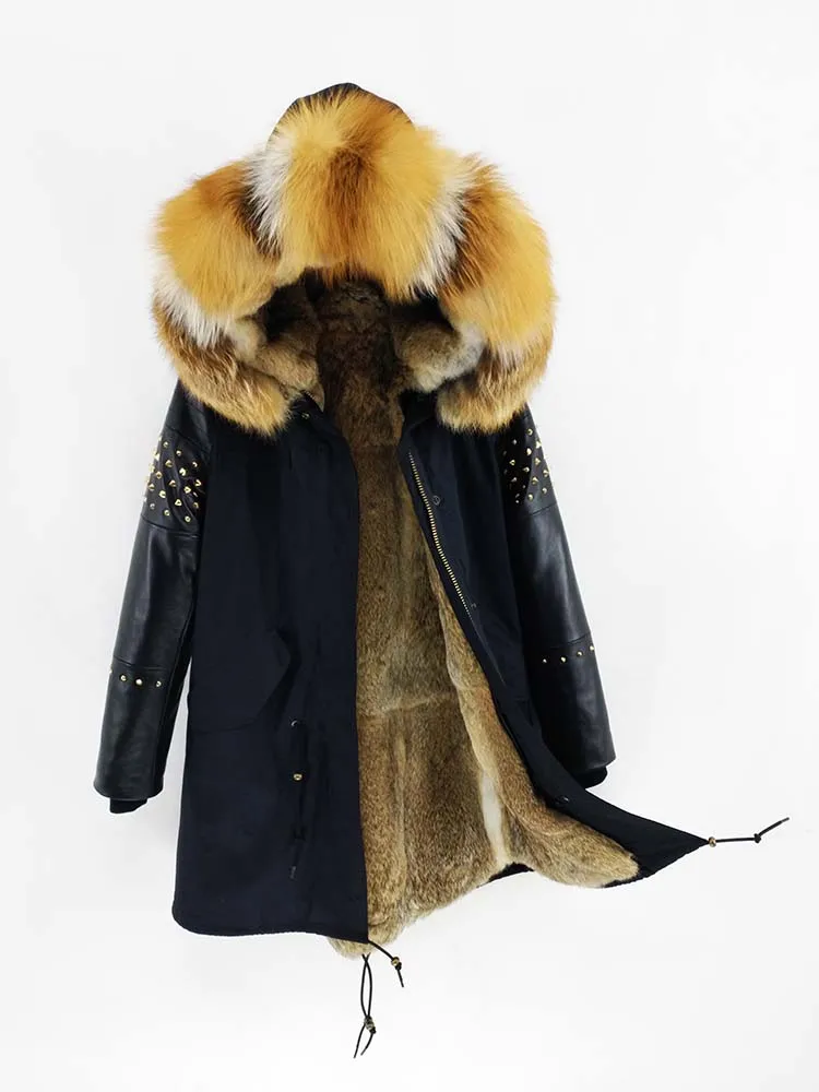 12rabbit fur liner Женская длинная парка с воротником из натурального меха лисы, зимняя куртка с капюшоном, пальто с заклепками, Монгольская овечья кожаная верхняя одежда с рукавами, Detachabl - Цвет: 12rabbit fur liner