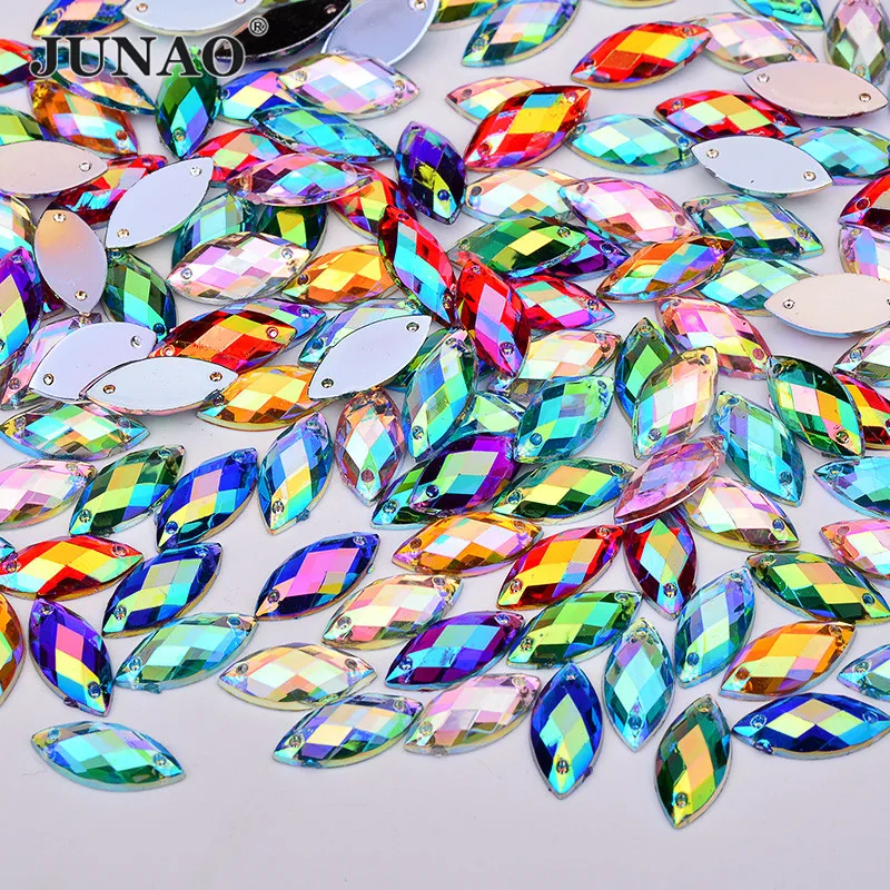 

JUNAO 100pc 7*15mm Horse Eye Sew On Colorful AB Rhinestones Flatback Acrylic Crystals Stones Non Hotfix Strass for Crafts