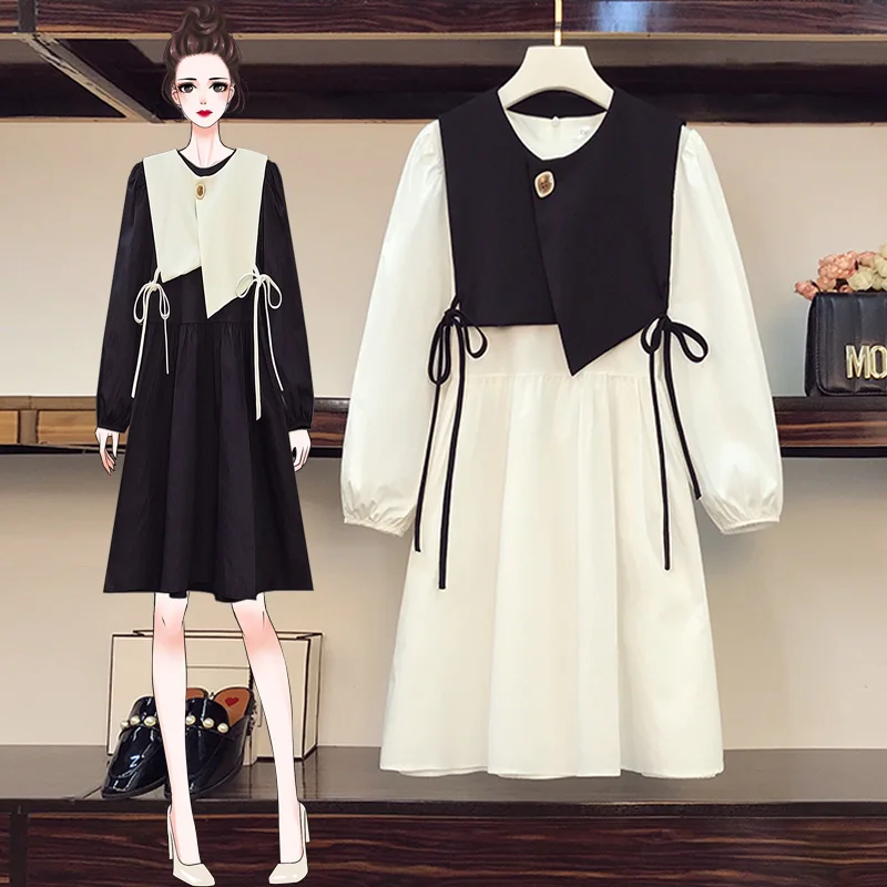 

L-4XL Plus Size Women Two Piece Dress Spring 2021 Fashion Asymmetrical Vest and Long Sleeve High Waist Loose Casual Dresses