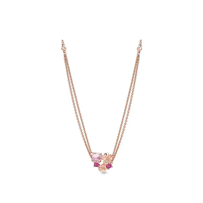 

2020 Original 925 Sterling Silver Rose Gold Peach Blossom Flower double Link Chain Necklaces Women Beads Charm Gift Jewelry