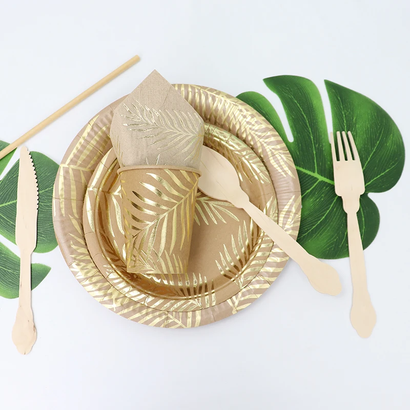 Бумажная посуда одноразовый крафт-набор золотистого цвета узор в виде листьев