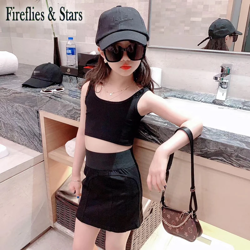 Летний комплект из 2 предметов для девочек детский укороченный топ + юбка в стиле