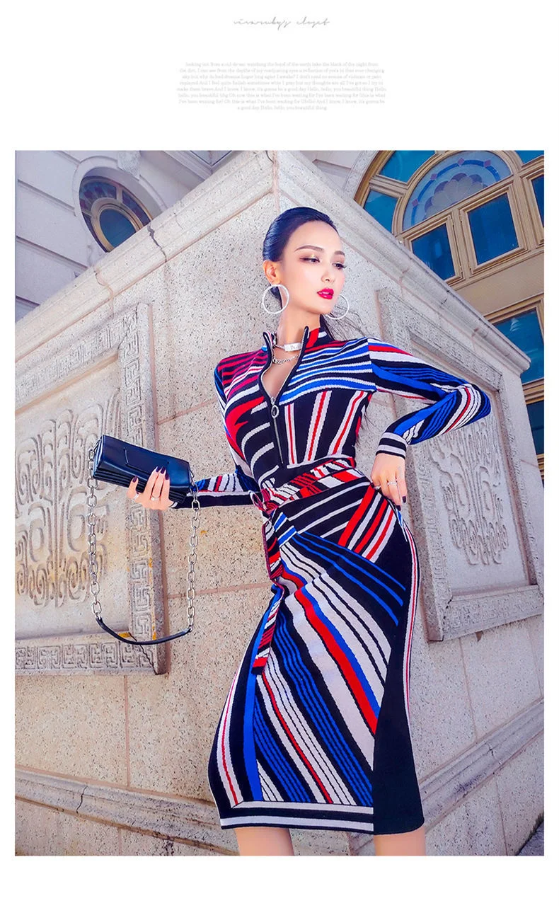 

European And American Geometric Stripe Sexy Dress 2021 Autumn And Winter New Temperament Slim Sweater Waist Length Skirt Vfemage