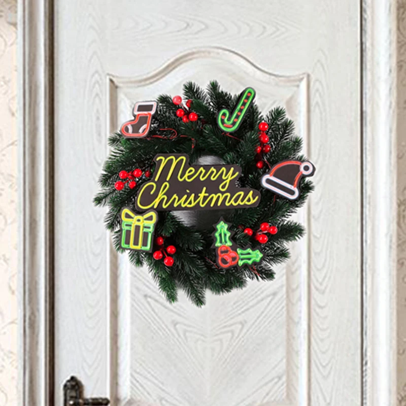 

35cm LED Christmas Wreath With Artificial Berries Neon Light Christmas Holiday Front Door Wall Hanging Decoration For Home